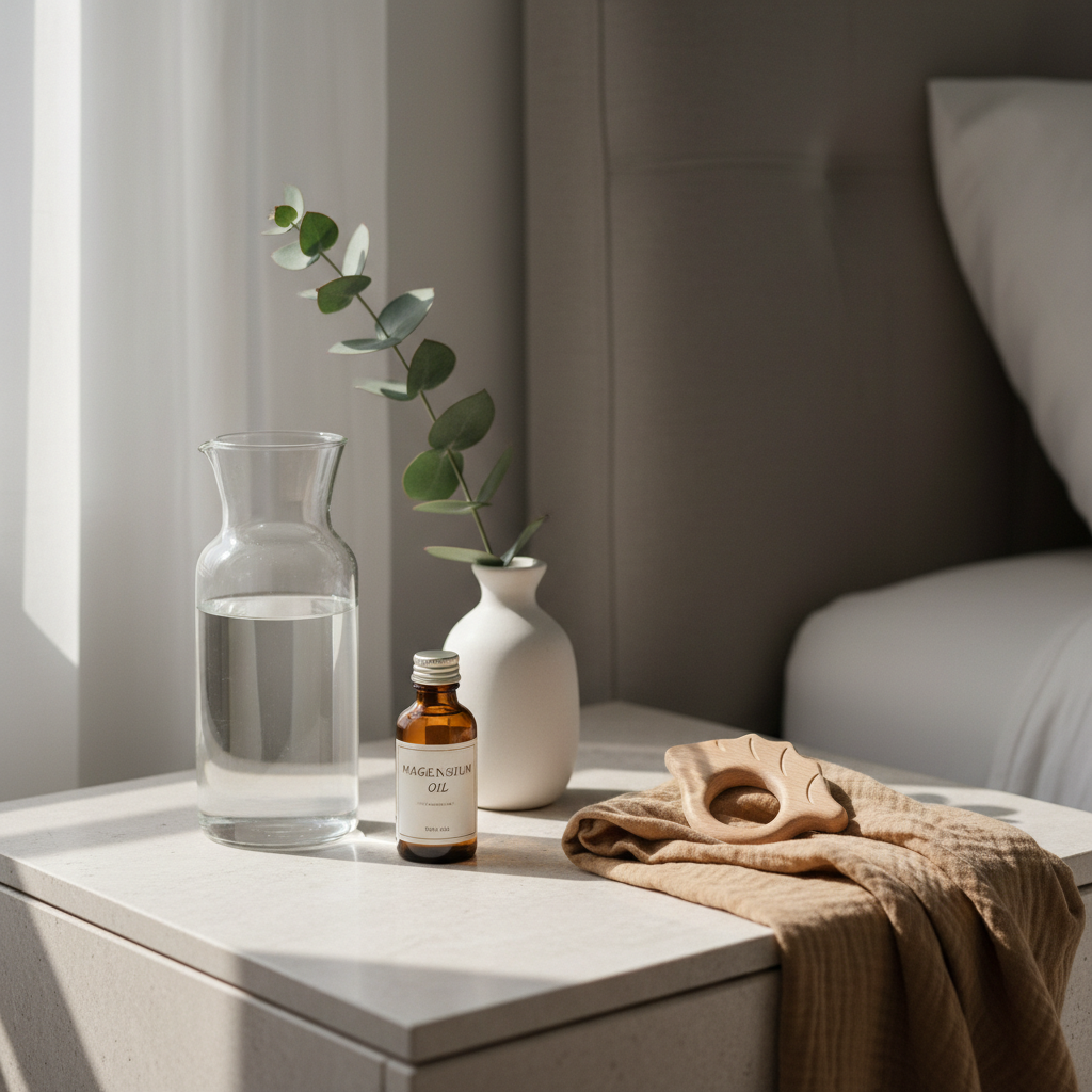 An elegant bedside scene featuring a pale stone nightstand holding a glass carafe of water, a small amber glass bottle of magnesium oil, and a sprig of eucalyptus in a simple ceramic bud vase. A folded organic cotton swaddle in warm taupe rests nearby, with a wooden teether shaped like a leaf placed gently on top. The background shows a softly blurred upholstered headboard in a muted greige tone. Diffused afternoon light enters from an unseen window, casting tender shadows and creating subtle gradients across the surfaces. Captured at an eye-level angle with rule-of-thirds composition, the image feels calm, restorative, and sophisticated, embodying wellness for mothers through clean, photographic realism and minimalist design.