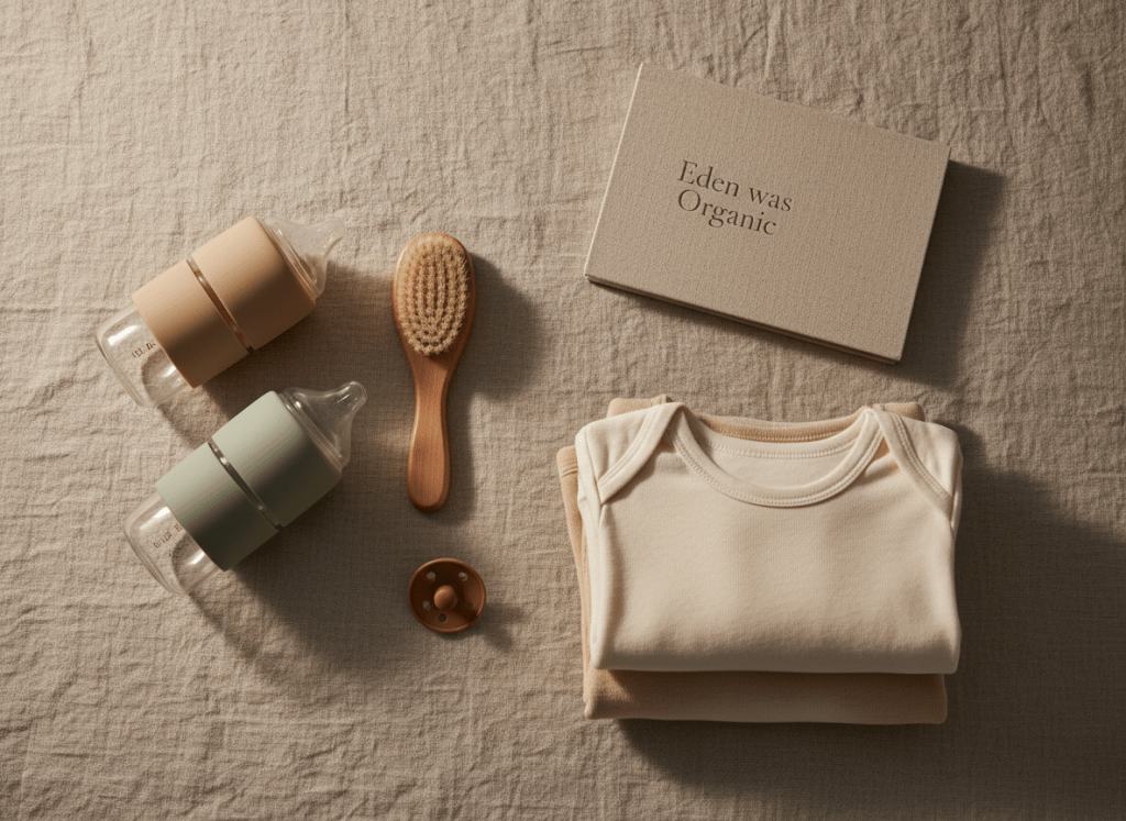 A neatly arranged non-toxic baby registry flat lay on a soft, muted oatmeal linen backdrop. Glass baby bottles with silicone sleeves in warm beige and dusty sage rest beside a wooden hairbrush with natural bristles, organic cotton onesies in ivory and pale sand, and a simple silicone pacifier in a warm mushroom tone. A closed, linen-bound notebook titled “Eden was Organic” lies slightly off-center. Soft morning light streams from the left, creating gentle gradients and understated shadows. Shot from a bird’s-eye view with a shallow depth of field to keep edges softly blurred. The mood is serene, sophisticated, and intentional, with photographic realism and a minimalist, editorial aesthetic that feels calm and faith-filled without any visible text of scripture.
