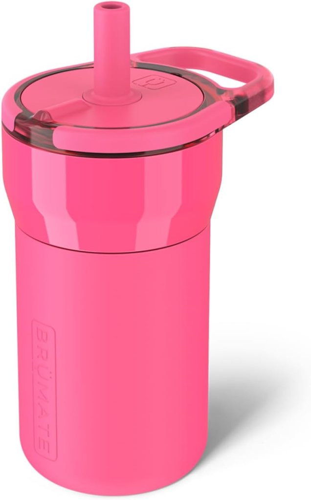 Bright pink insulated tumbler with a straw and a handle, featuring a transparent lid.