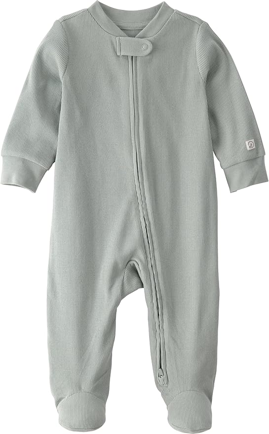 Light green infant onesie with long sleeves and footed design, featuring a front zip closure.