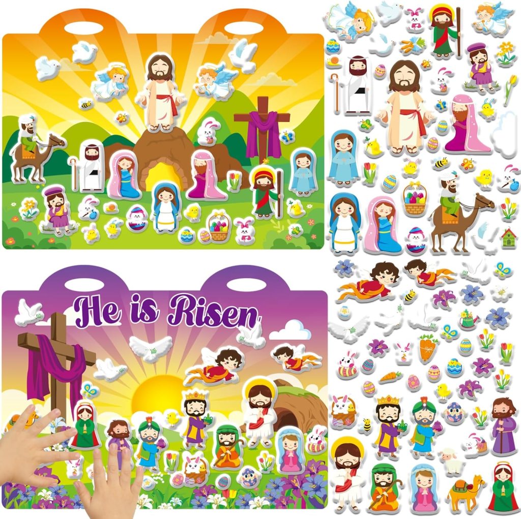 A colorful Easter-themed sticker set featuring Jesus, angels, and various biblical characters, with scenes illustrating the resurrection and spring motifs.