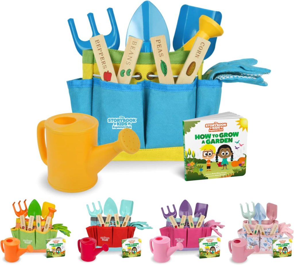 A colorful children's gardening set featuring tools like a watering can, shovel, and rakes, with seed markers for vegetables, alongside a book titled 'How to Grow a Garden'.
