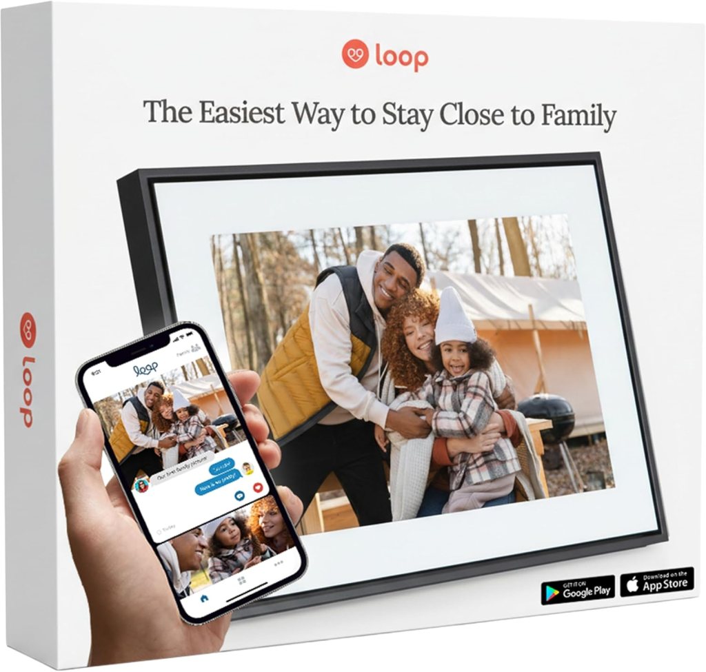 Image of a digital photo frame displaying a family hugging outdoors, next to a hand holding a smartphone showing the Loop app, with text promoting family connection.