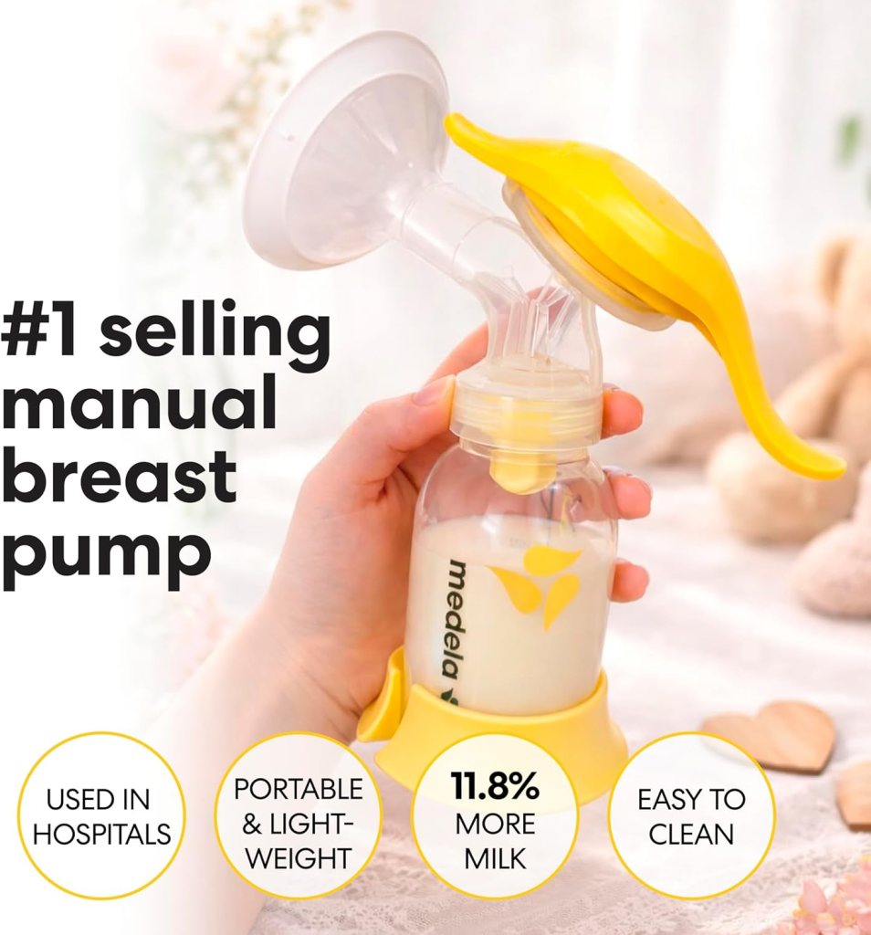 A hand holding a manual breast pump with a clear bottle and yellow accents, featuring text highlighting its popularity and benefits.