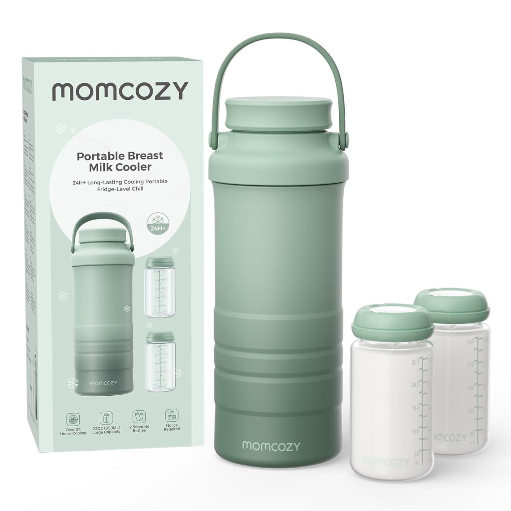 Portable breast milk cooler by Momcozy, featuring a light green color and a handle, with two matching milk storage bottles beside it, all displayed with the product packaging.