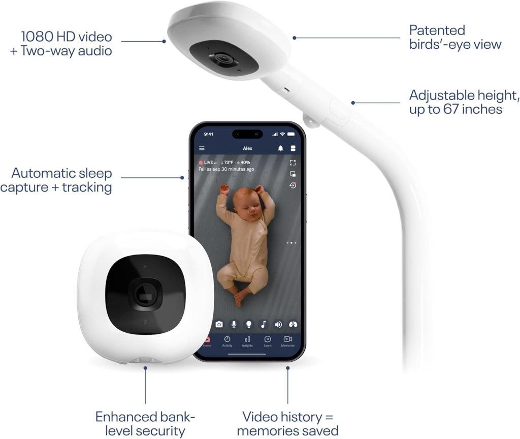 A baby monitor displaying a smartphone app interface, featuring a live video feed of a sleeping baby, with annotations highlighting features such as 1080 HD video, two-way audio, automatic sleep tracking, adjustable height, enhanced security, and video history.