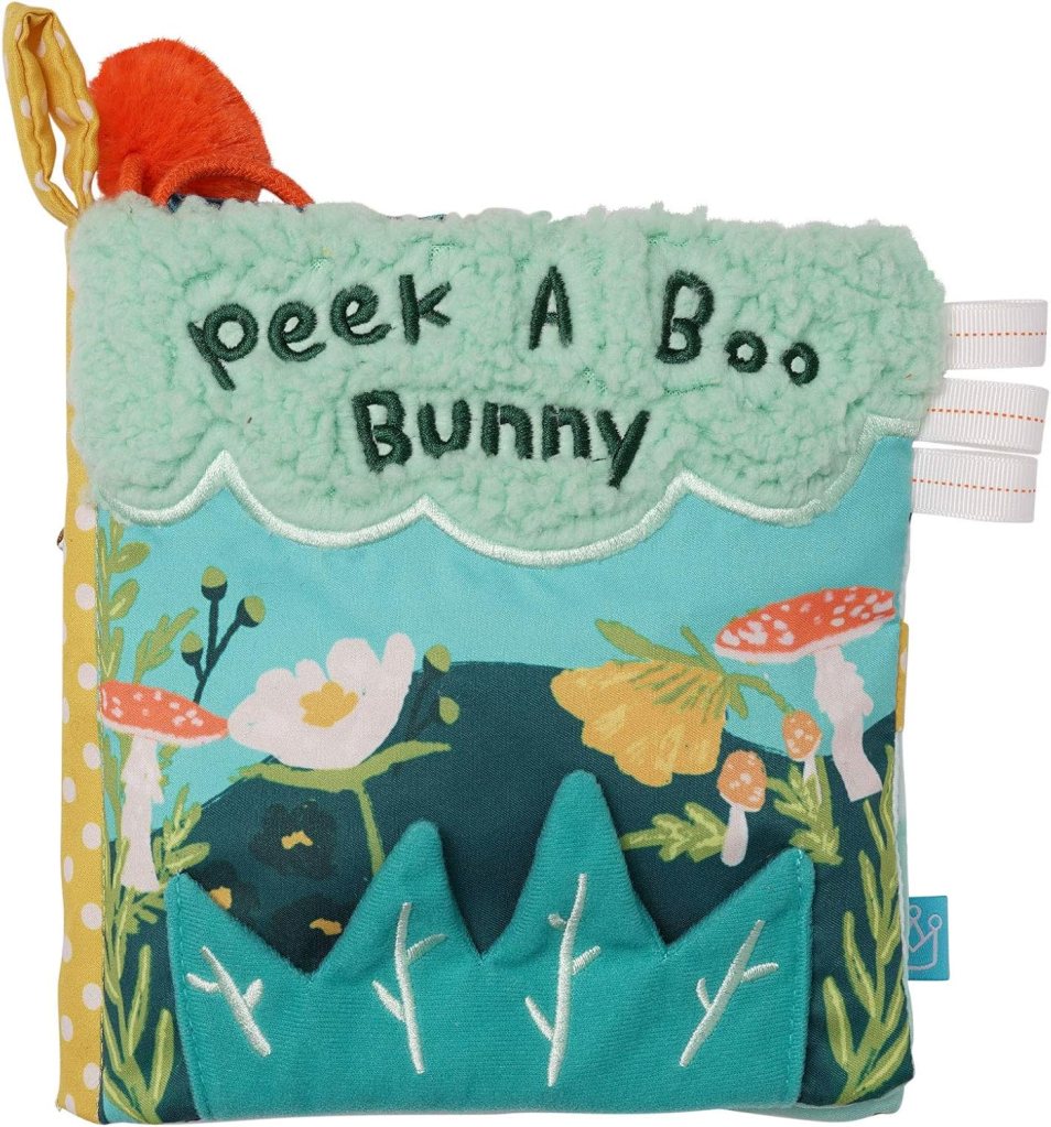 Colorful fabric book cover featuring the text 'peek A Boo Bunny' with floral and greenery designs.