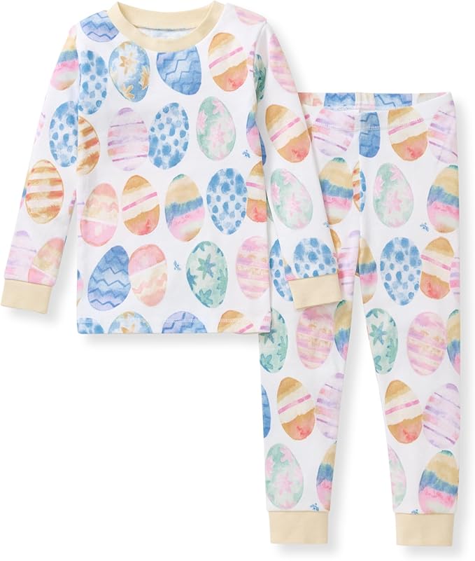 Children's pajama set featuring a long-sleeve top and matching pants with a colorful egg print in various pastel shades.