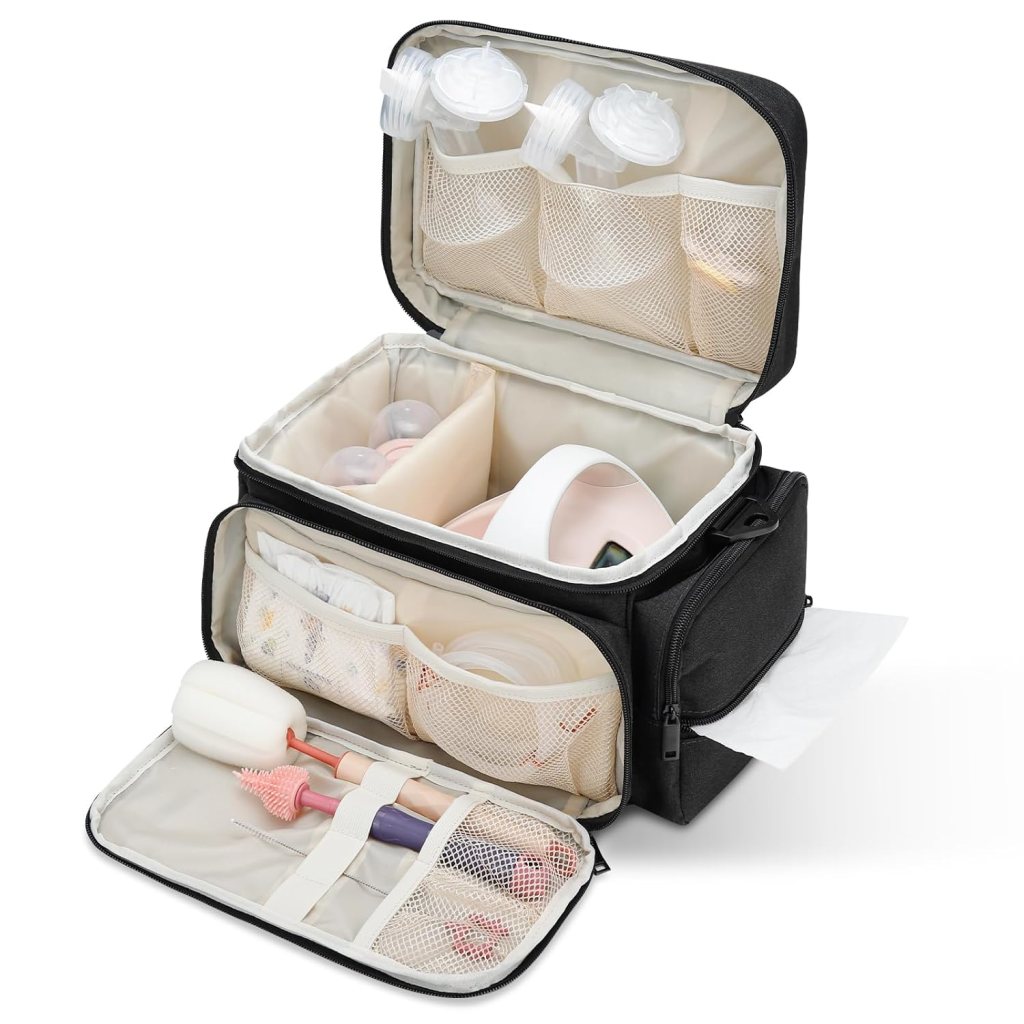 Open black storage bag with various compartments, containing breast pump accessories, bottles, and cleaning tools.