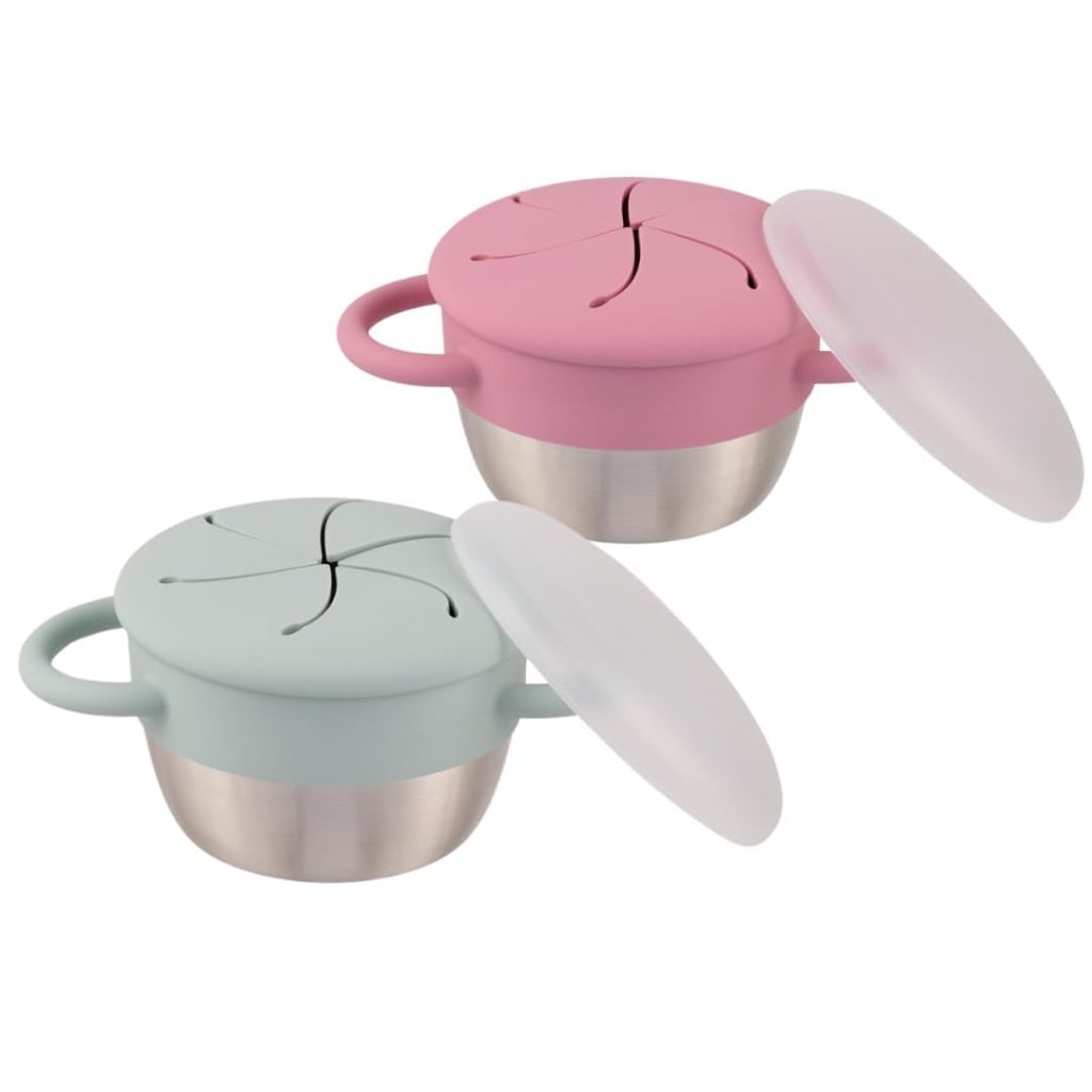 Two cooking pots with lids, one in pink and one in light green, featuring stainless steel bases and handles.