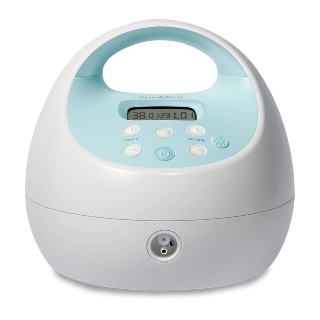 A Spectra breast pump with a light blue and white design, featuring a digital display and control buttons.