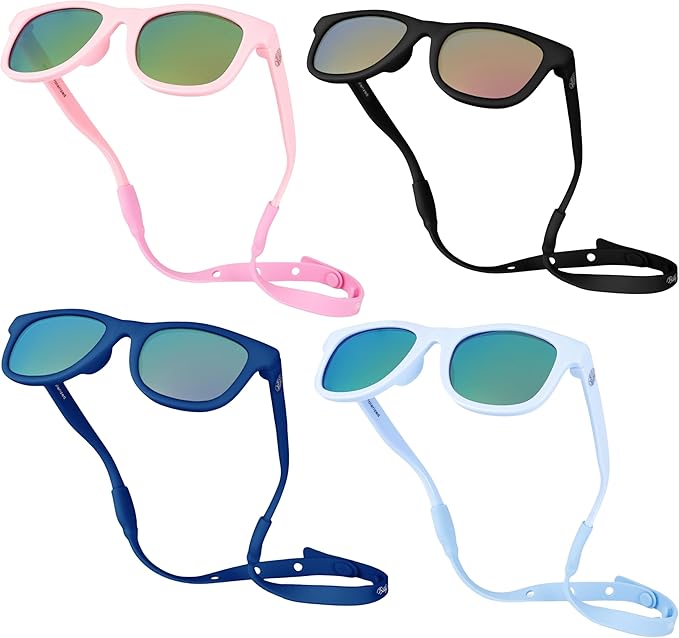 Four pairs of sunglasses in various colors, including pink, black, blue, and light blue, each with a matching strap.