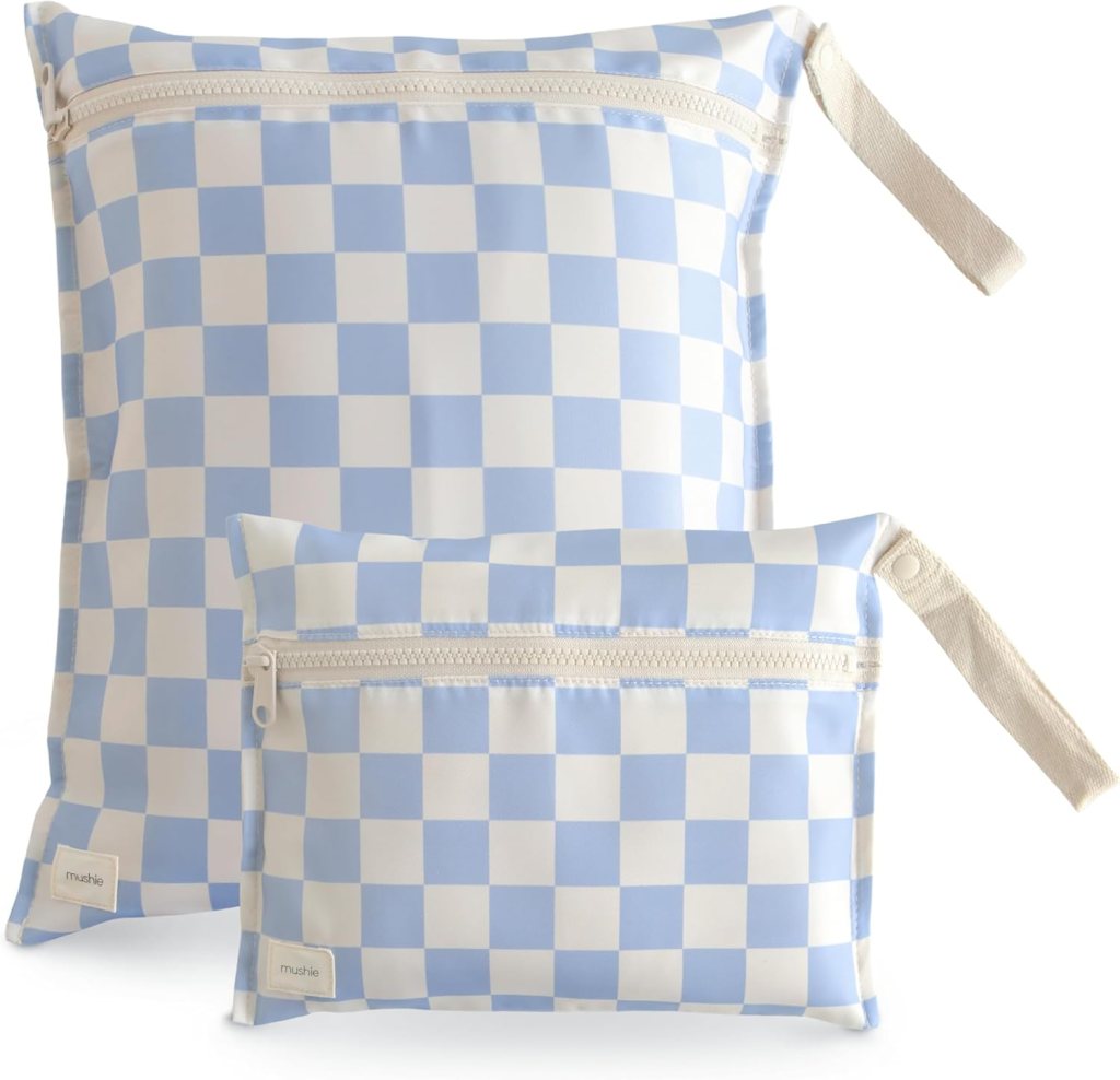 Two checkered storage bags in light blue and white, one large and one small, both with zippers and handles.