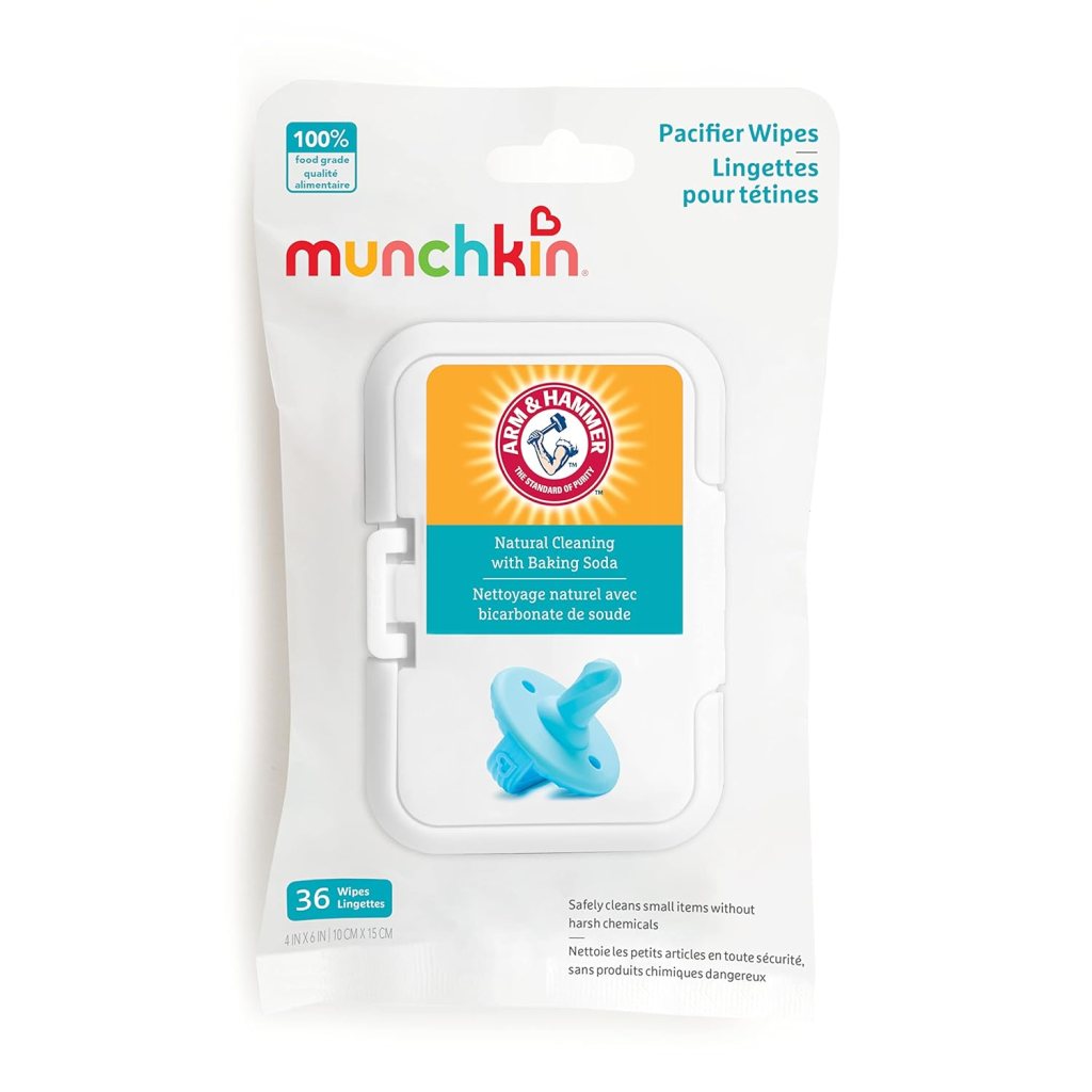 Pack of Munchkin pacifier wipes featuring a blue pacifier design, labeled with 'Natural Cleaning with Baking Soda' and includes 36 wipes.