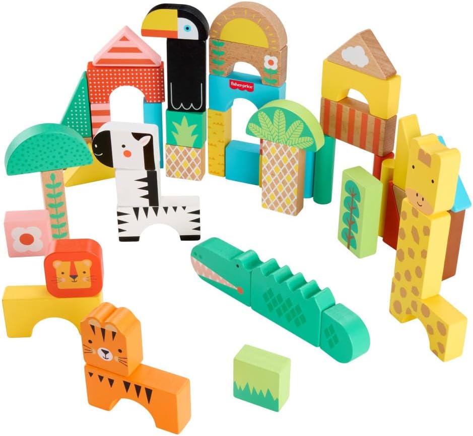 A colorful set of wooden building blocks featuring various animal shapes and nature-themed designs, including a toucan, a zebra, a giraffe, and a crocodile, arranged playfully on a white background.